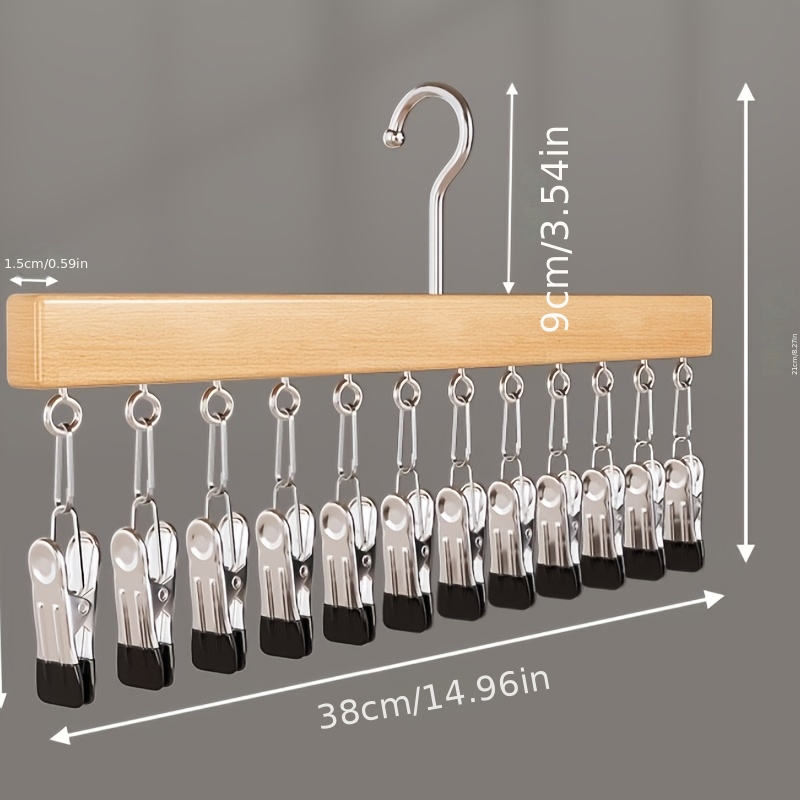 360° Rotating Pants Hanger with 10 Clips - Space-Saving Closet Organizer for Tights, Jeans, Hats, Socks & Shorts | Multi-Functional No-Drill Wardrobe Storage Rack, Essential for Home Organization, Polished Wooden Finish, Hangers for Clothes, Must-Have for Home Organization