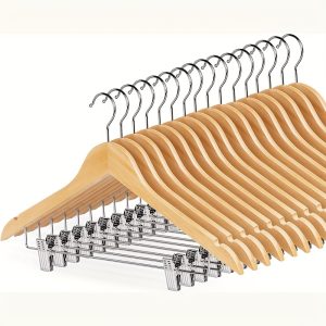 30/20/10High-Grade Wooden Suit Hangers Skirt Hangers with Clips Solid Wood Pants Hanger Natural Smooth Finish Premium Wood Hanger with Durable Metal Clips for Blouse, Dress, Coat, Jacket, Wooden Hangers for Clothes, Clothes Hanger Stand