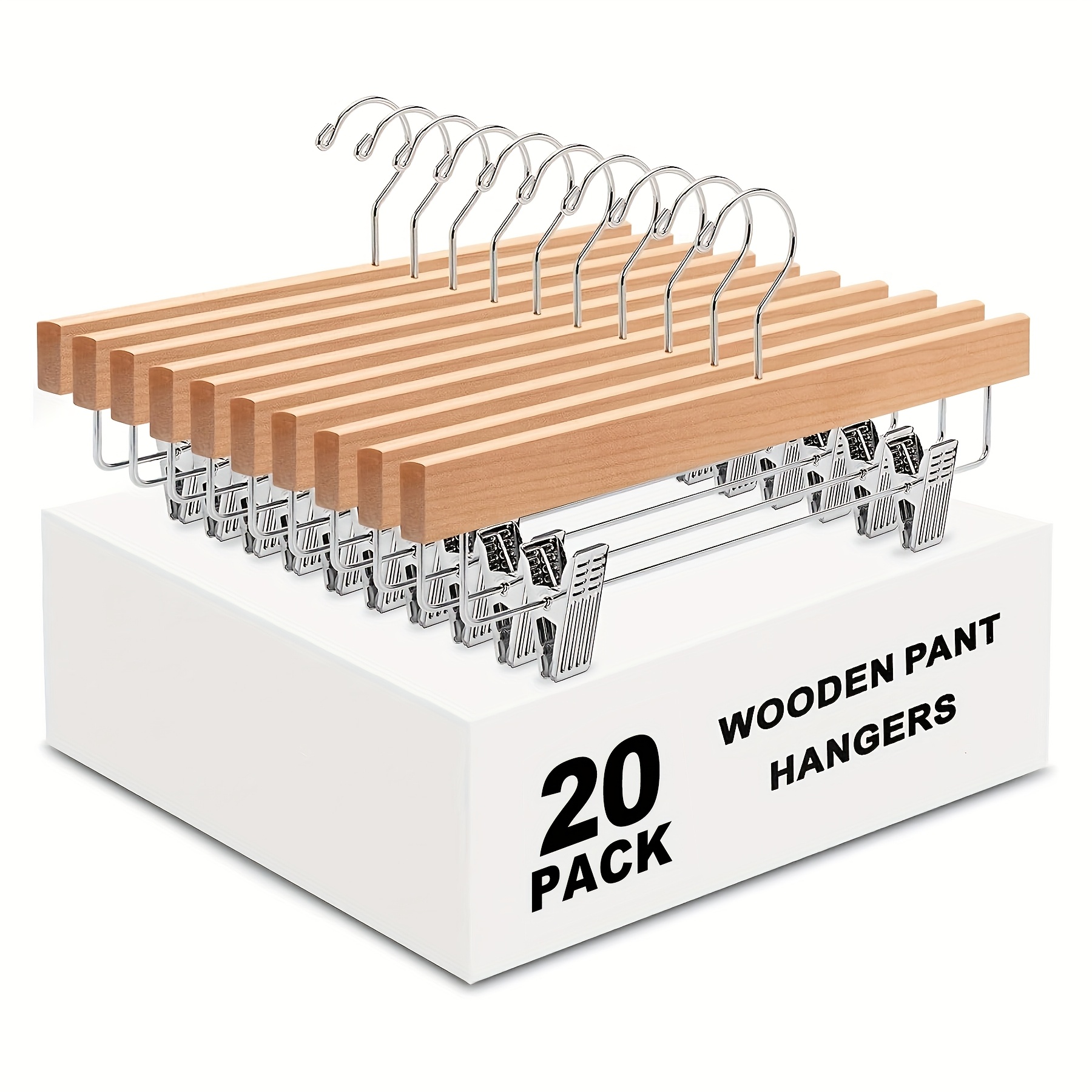 20pcs Of 14 Inch Natural Wooden Hangers with Adjustable Clips, Natural Wooden Skirt Hangers, Wooden Jeans Hangers, with Anti Slip Clips And 360 ° Rotating Hooks