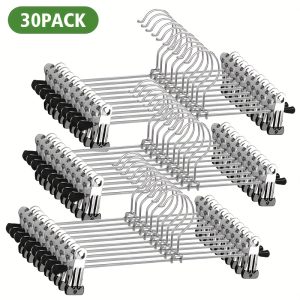9/10/20/30pcs 12-inch Stainless Steel Adjustable Colorful Pants Hangers, Suitable for Trousers, Skirts And Children's Clothing, Space-saving Metal Hooks with Polished Surface, And Durable Coated Clips to Ensure Firm Fixation.
