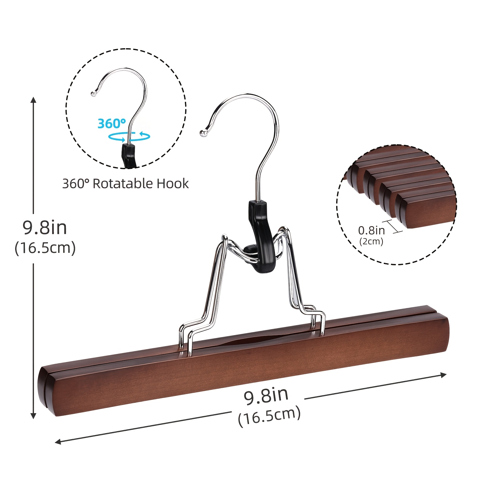 12/ 24pcs Natural Wood/Walnut Wood Pants Hanger with Clips, Premium Quality, -Friendly, Anti-Slip Skirt Rack, Pants Clip Hanger, Solid Wood Hanger with 360° Rotating Hooks, Gentle on Clothing, Practical And Convenient