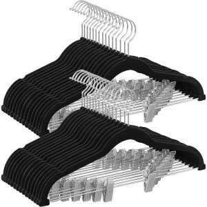 20pcs Black Flocked Non-Slip Hangers with Metal Pant Clips, Seamless Anti-Shoulder Angle Suit Coat Hangers, Closet Space-Saving Pant Rack Hangers, Dual-Purpose Set, Multi-Functional Non-Slip Anti-Bulge Hangers