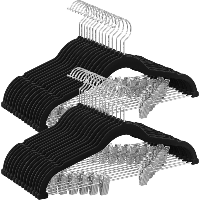 20pcs Black Flocked Non-Slip Hangers with Metal Pant Clips, Seamless Anti-Shoulder Angle Suit Coat Hangers, Closet Space-Saving Pant Rack Hangers, Dual-Purpose Set, Multi-Functional Non-Slip Anti-Bulge Hangers
